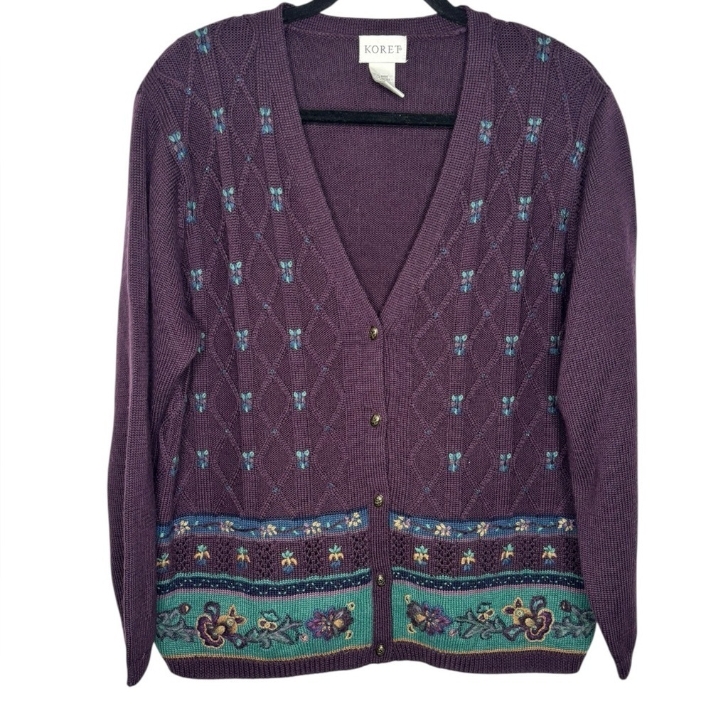 VTG Koret Women’s Floral Knit Beaded Cardigan Sweater Wool Blend Size Large